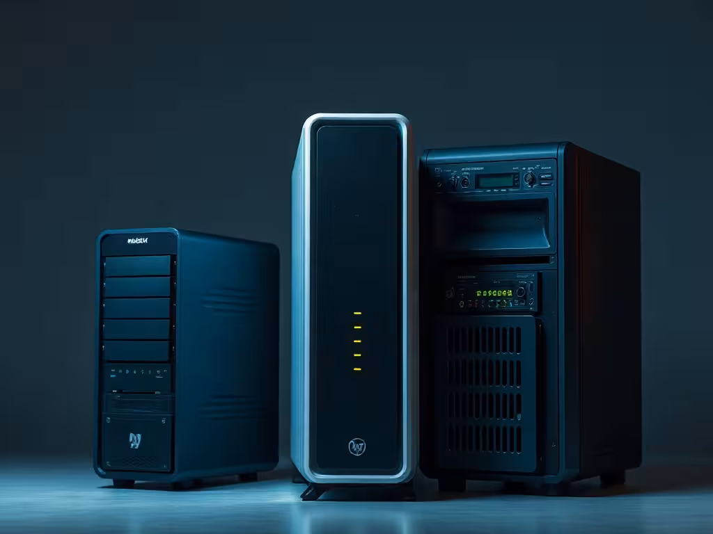 Trois types de proxies coréens : résidentiel, datacenter et mobile illustrés par des équipements réseau distincts