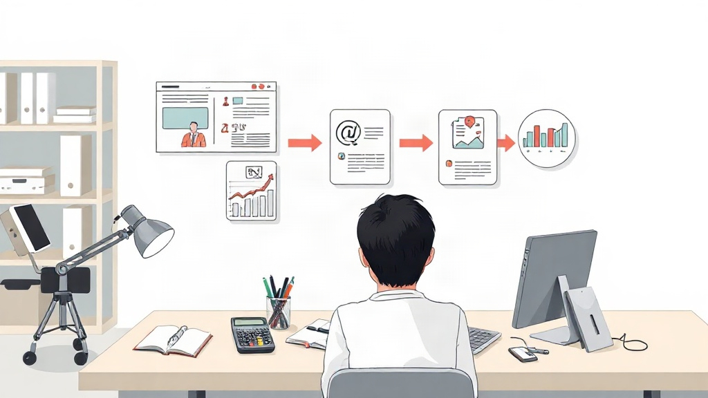 Creator reviewing a connected sales workflow beside a notebook, calculator, and checklist