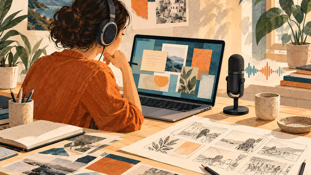 A creator prepares content with a microphone and storyboard.