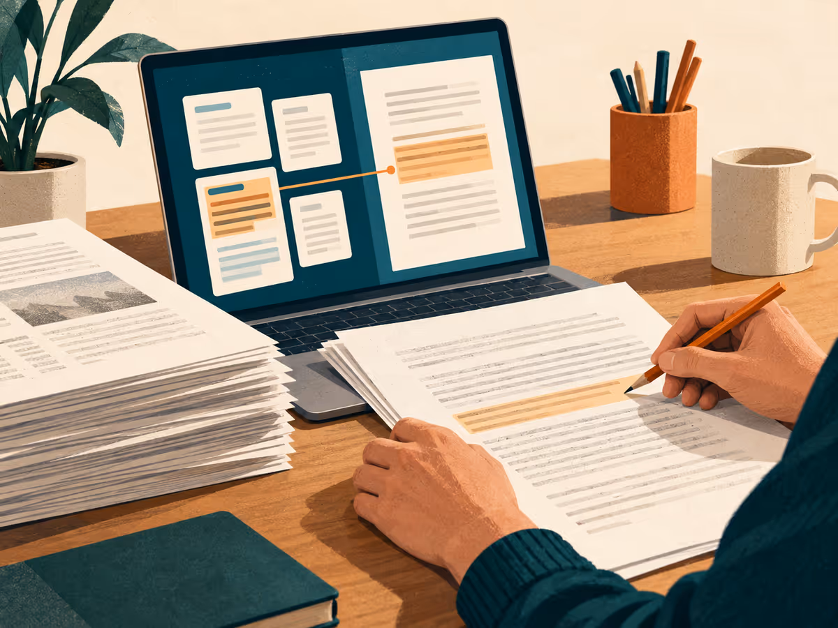 A person checks documents beside a laptop.