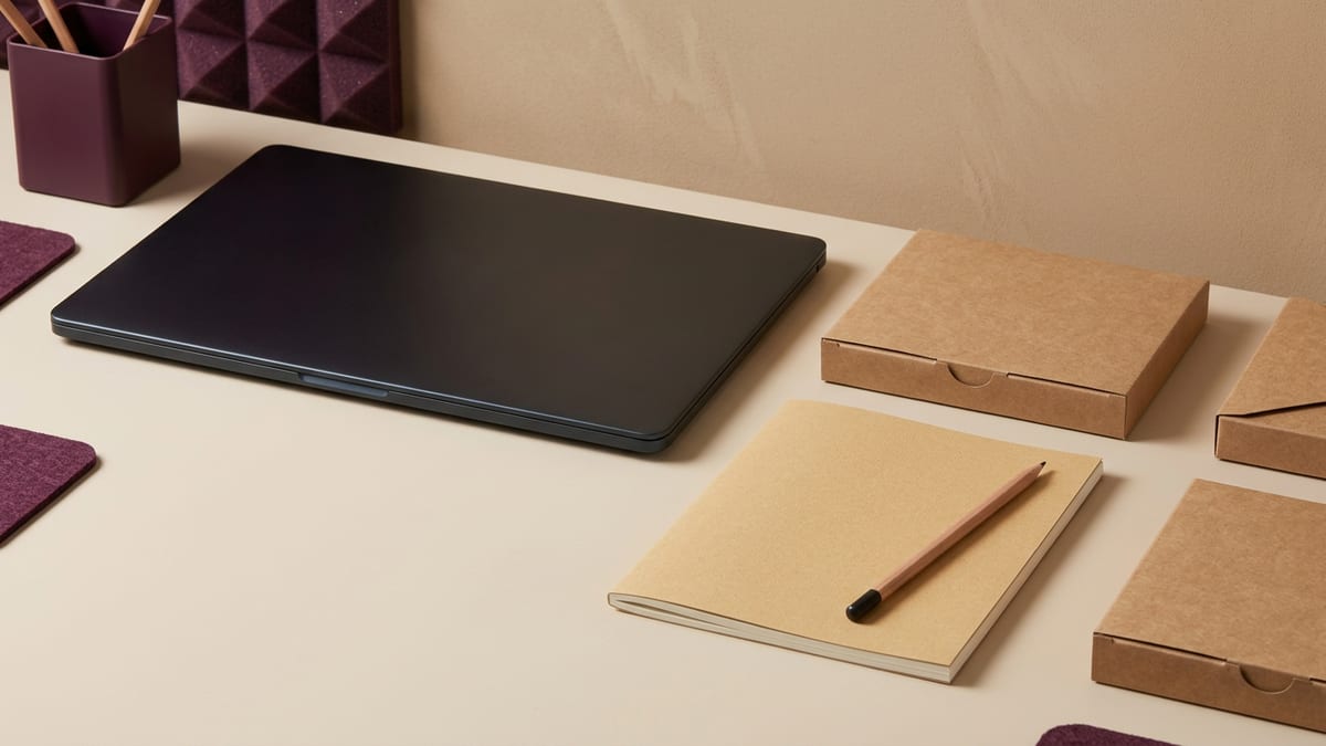 A creator prepares a booklet and product packaging beside a closed laptop.